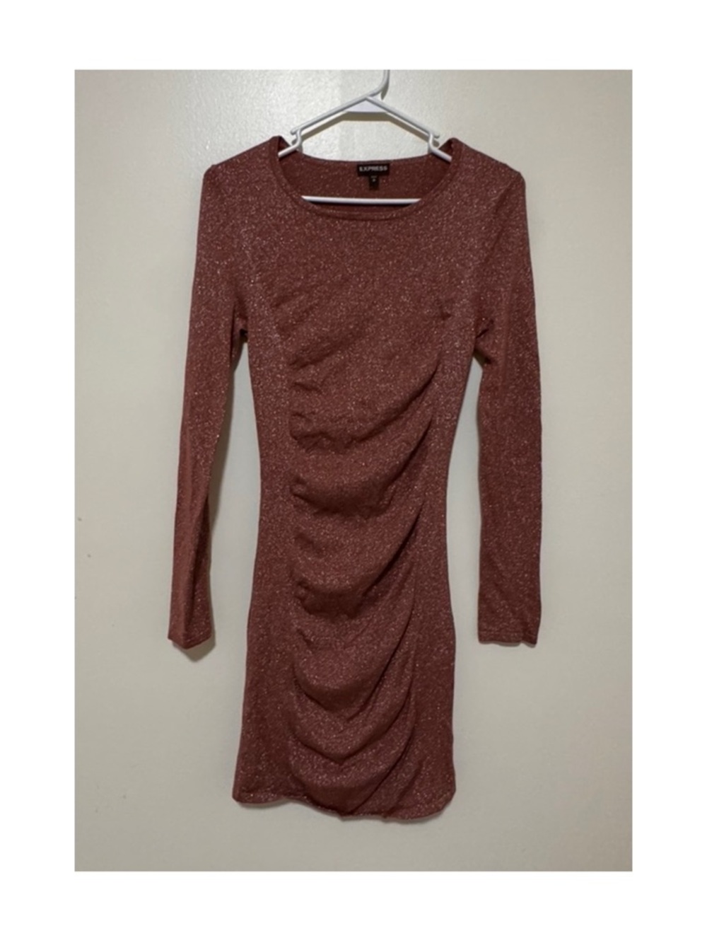 Express Sparkle Ruched Long Sleeve Dress - Dusty Rose